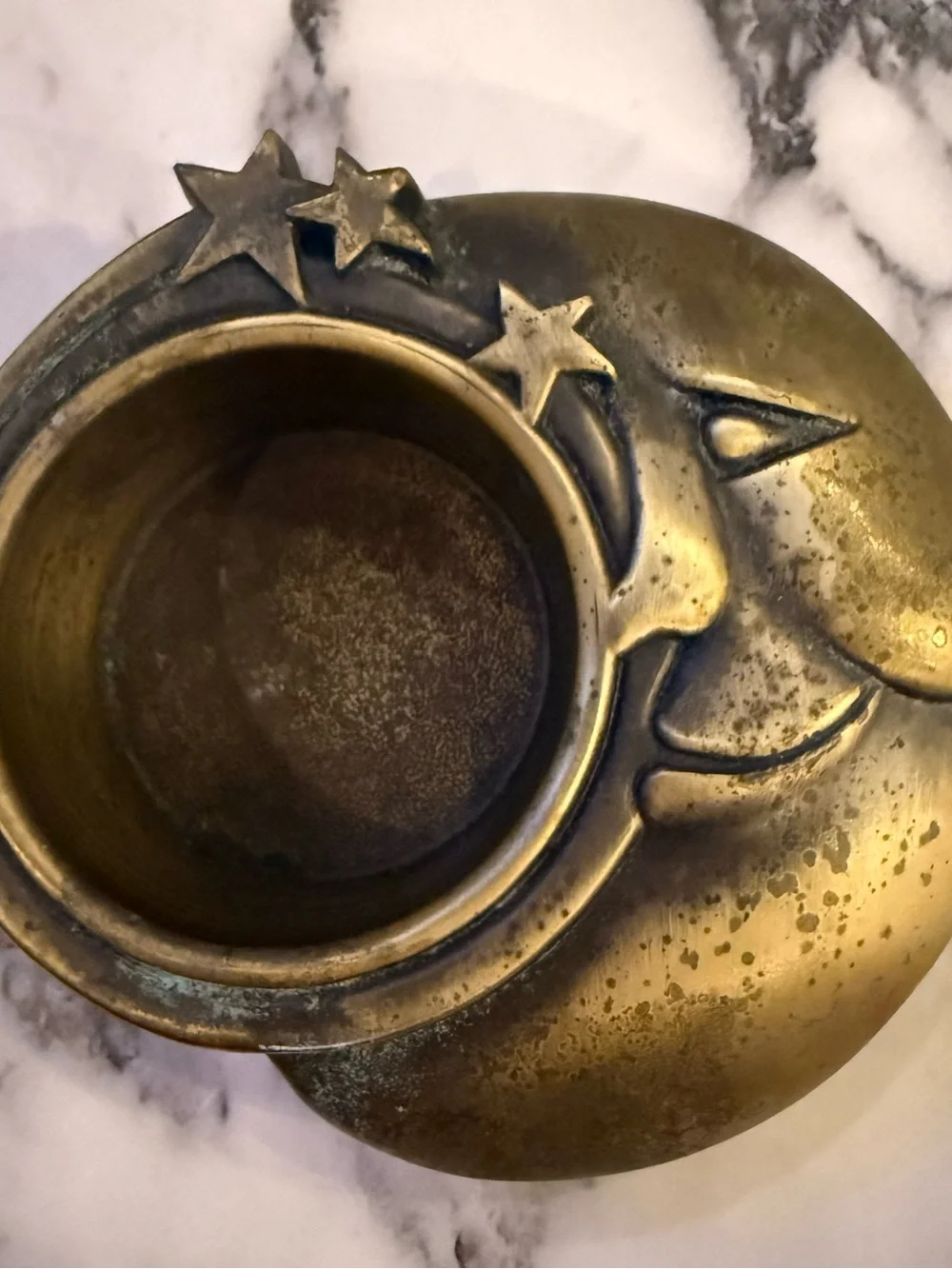 Vintage Brass Celestial Crescent Moon & Stars Tealight Candle Holder Catchall